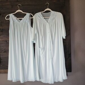 Vintage ShadowLine Nightgown &Robe‎ SET Large Baby Blue  Satin Nylon Lace Trim